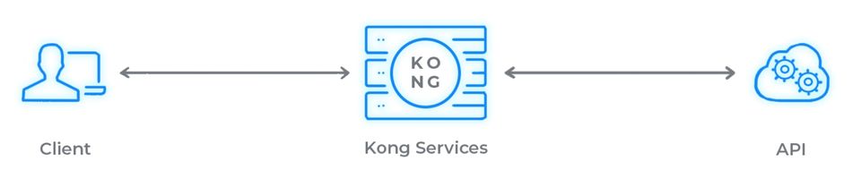 A technical diagram showing the relationship between a client, Kong Services, and a API